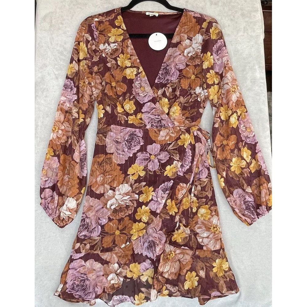 En‎ Crème Dress Womens Small Floral Wrap Boho Metallic Ruffle Cottagecore Mini